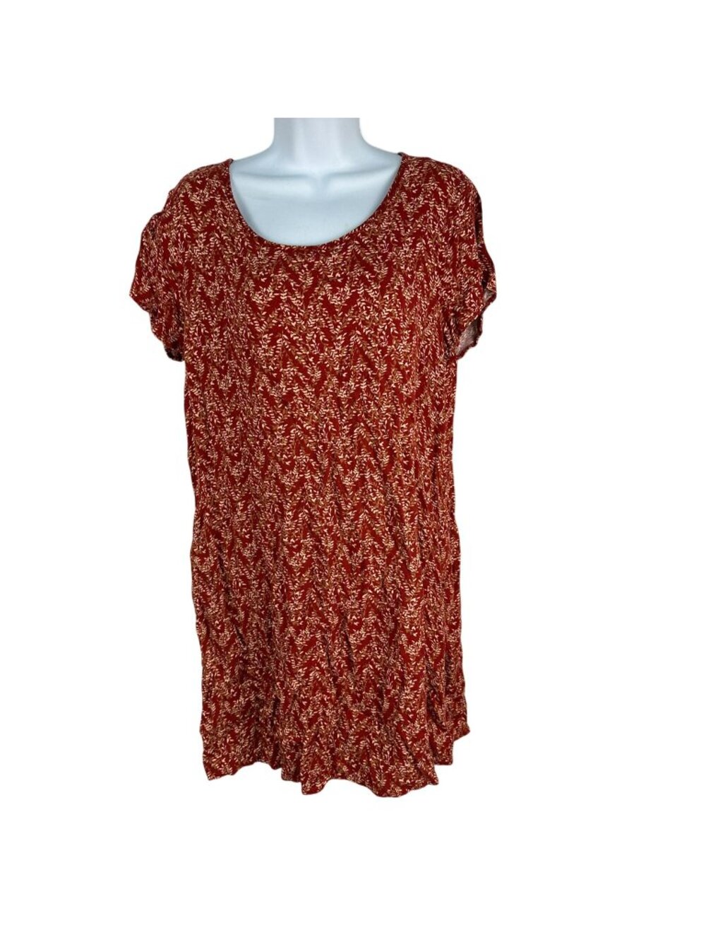 Charming Charlie Red Leaf Print Womens Short Sleeve Dress Size L Lightweight